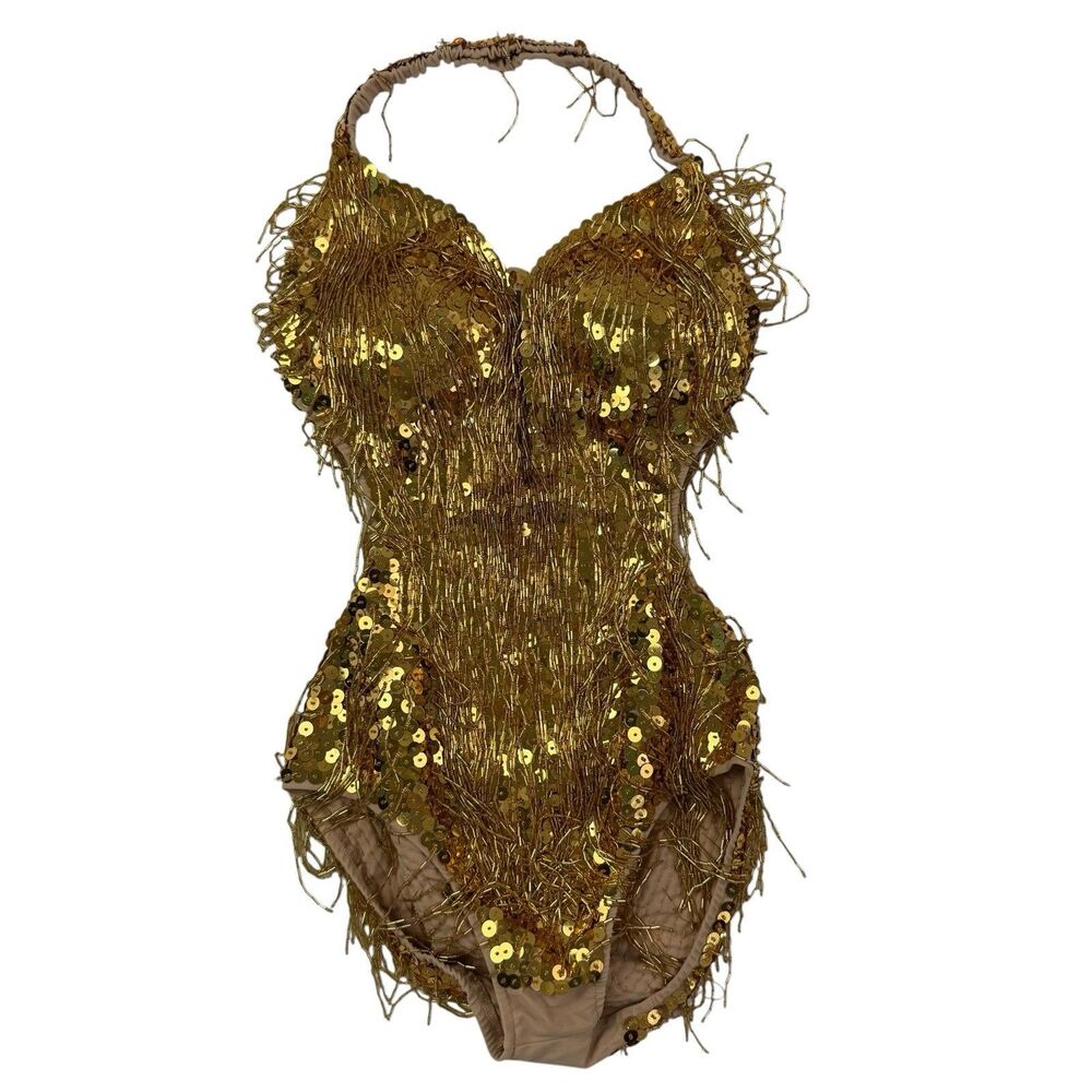 Glamour Costumes Gold Sequin Beaded Dance One Piece Fringe GoGo Glam Medium